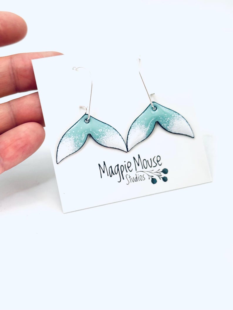 Whale Tail Earrings, Robins Egg Blue and White Enamel