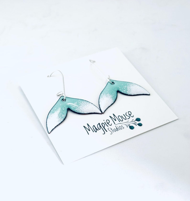 Whale Tail Earrings, Robins Egg Blue and White Enamel