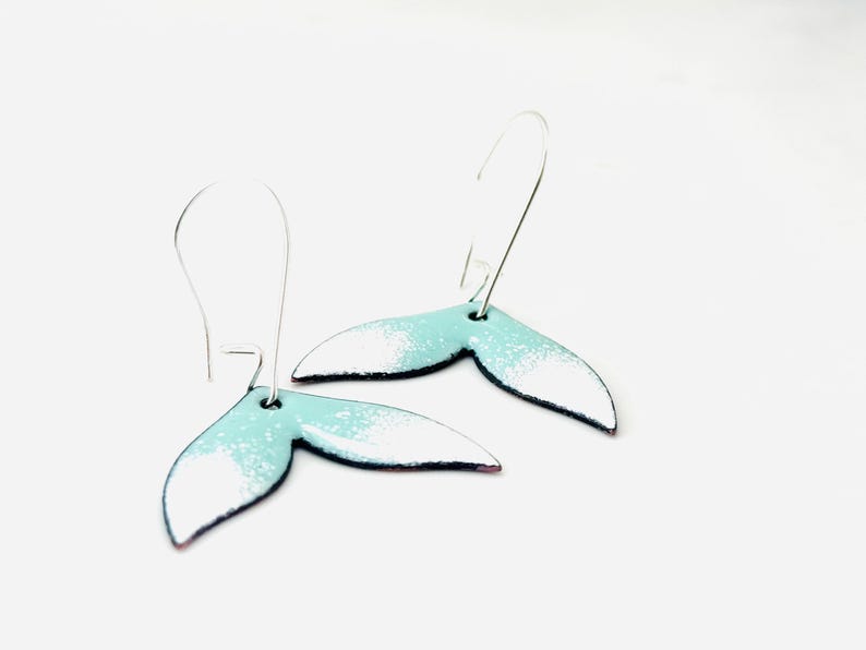 Whale Tail Earrings, Robins Egg Blue and White Enamel