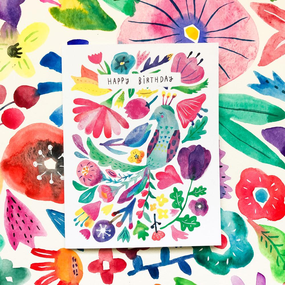 Peacock Flower Birthday Card by Honeyberry Studios