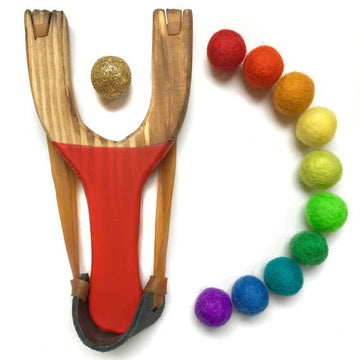 Deluxe Rainbow Wooden Slingshot With 1 Gold Glitter Ball