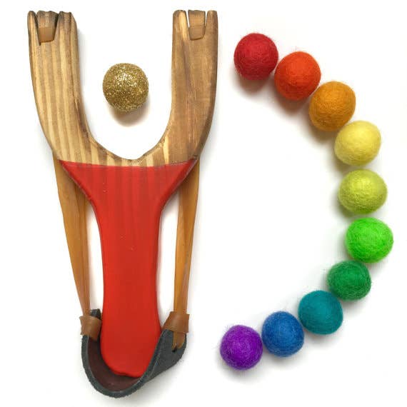 Deluxe Rainbow Wooden Slingshot With 1 Gold Glitter Ball
