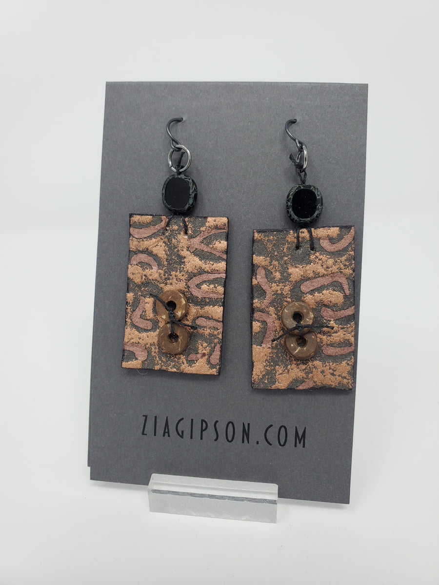 Black Bead with Copper and Black Rectangles Earrings by Zia Gipson