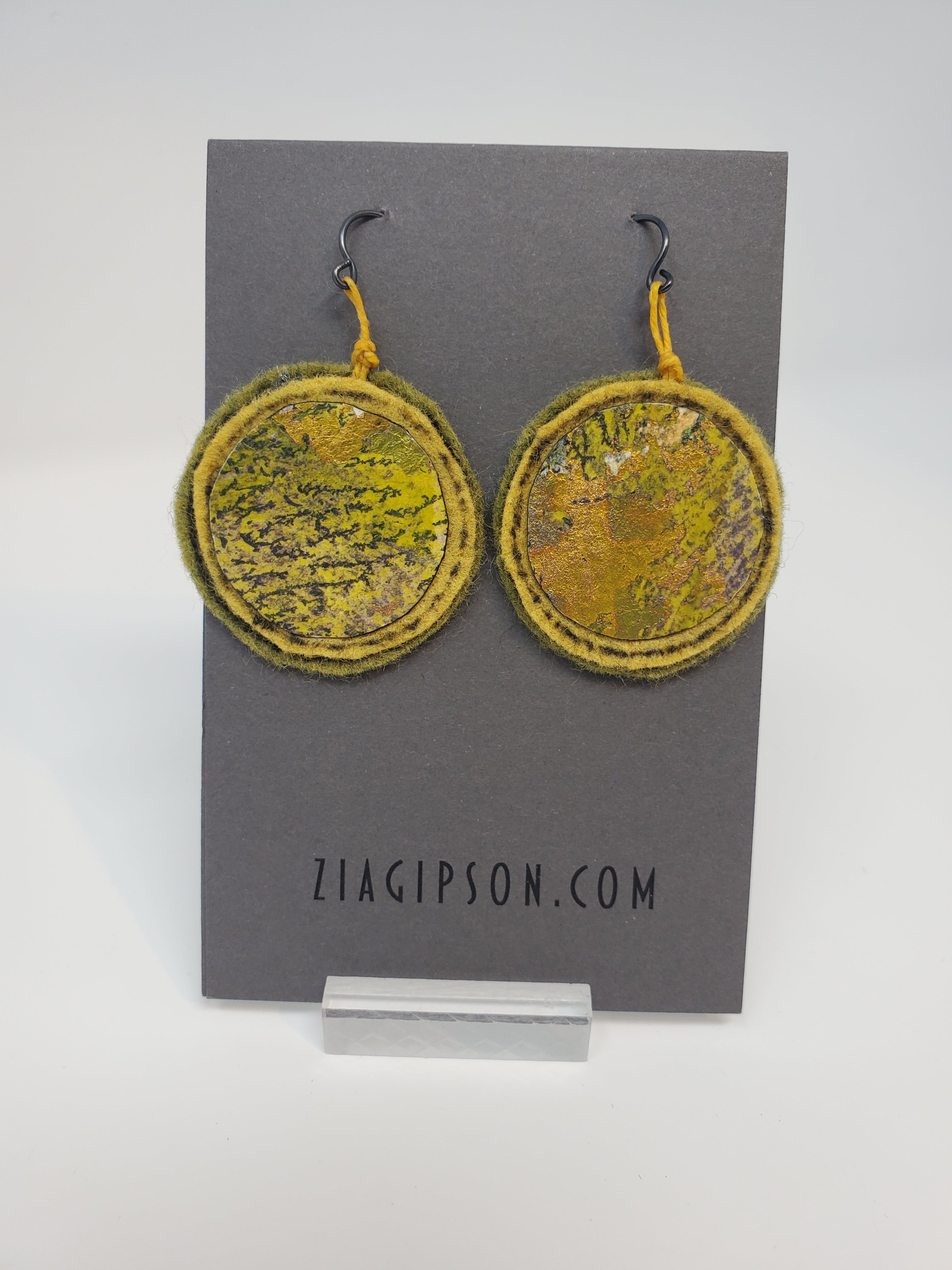 Yellow and Gold Round Felted Earrings by Zia Gipson