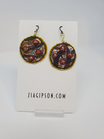 Yellow Back with Red Beads, Round Earrings by Zia Gipson