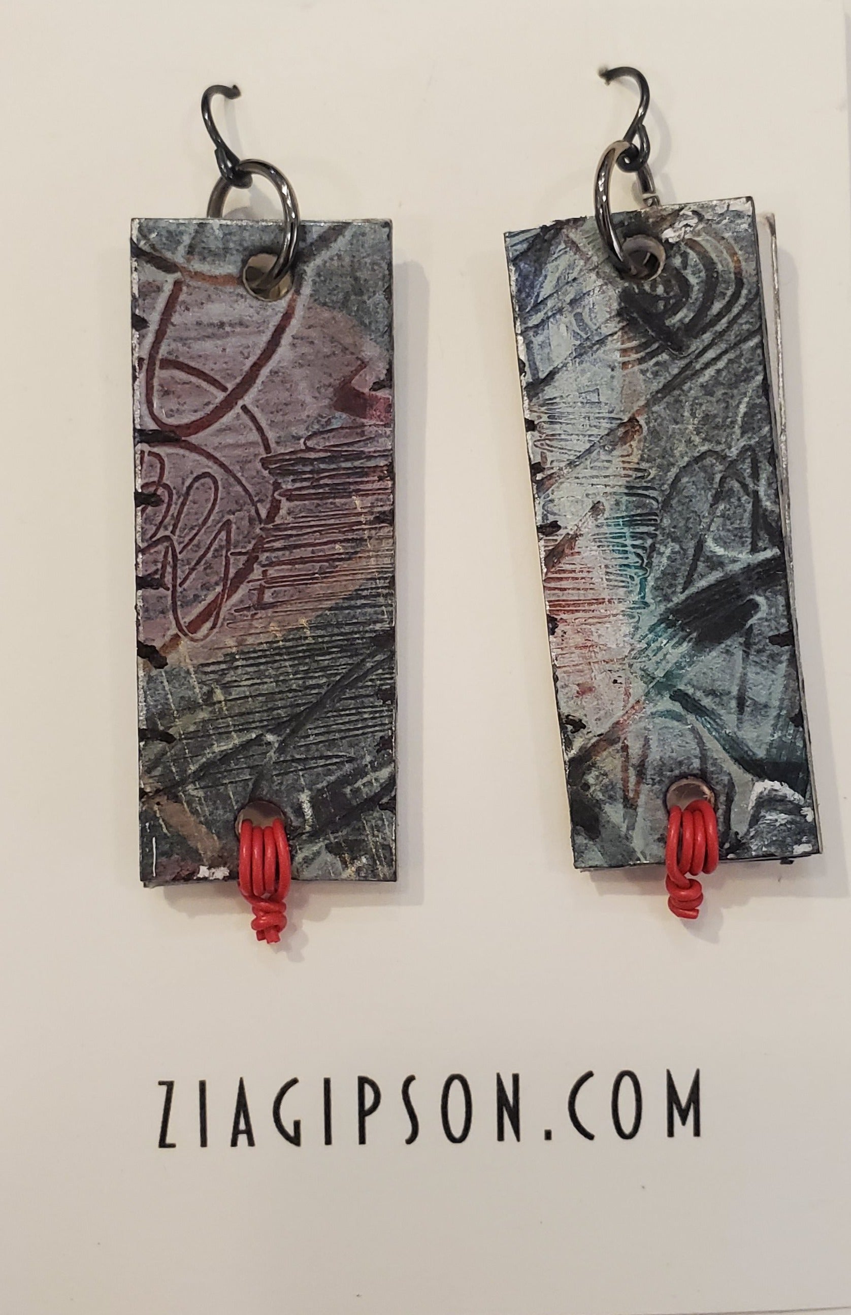 Grey Silver and Red Rectangle Earrings by Zia Gipson