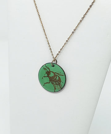 Green pendant with Gold Bee necklace by Magpie Mouse