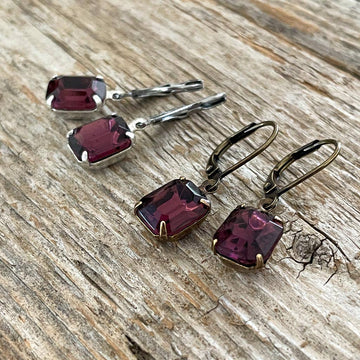Amethyst Purple Vintage Rhinestone Earrings: Antiqued Brass