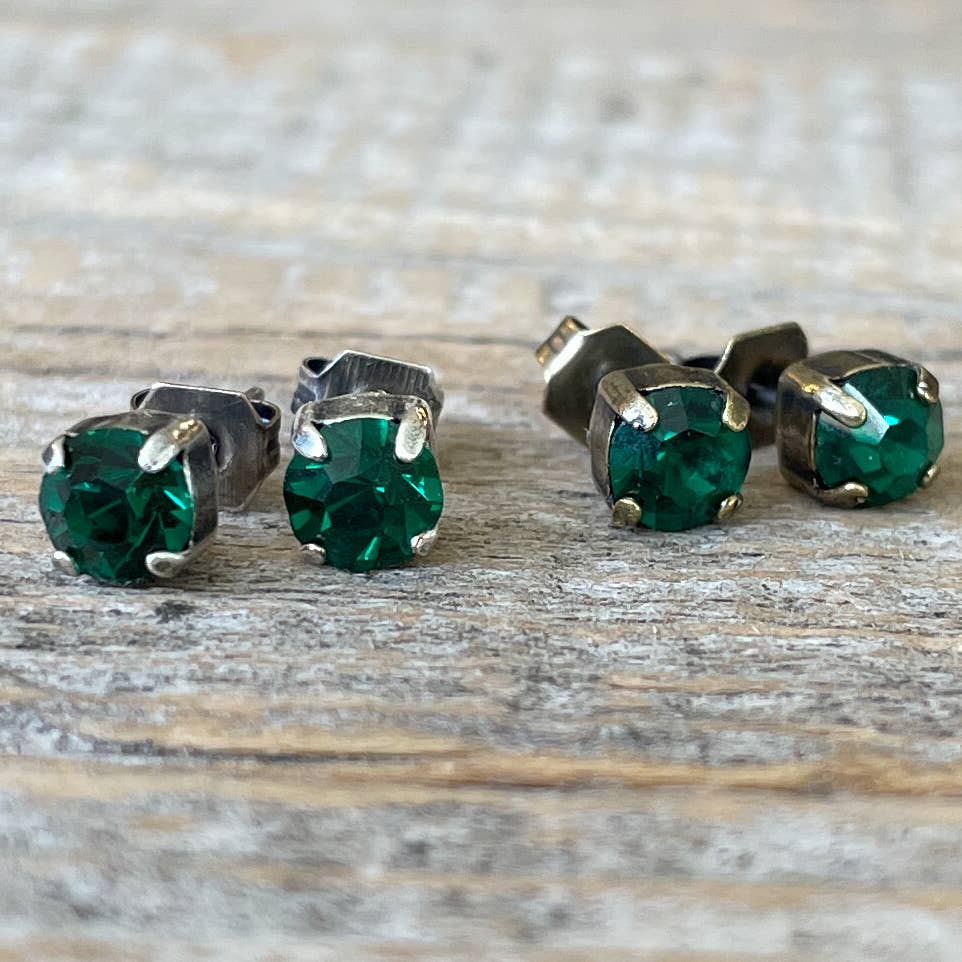 Emerald Green Vintage Rhinestone Post Earrings (Small)