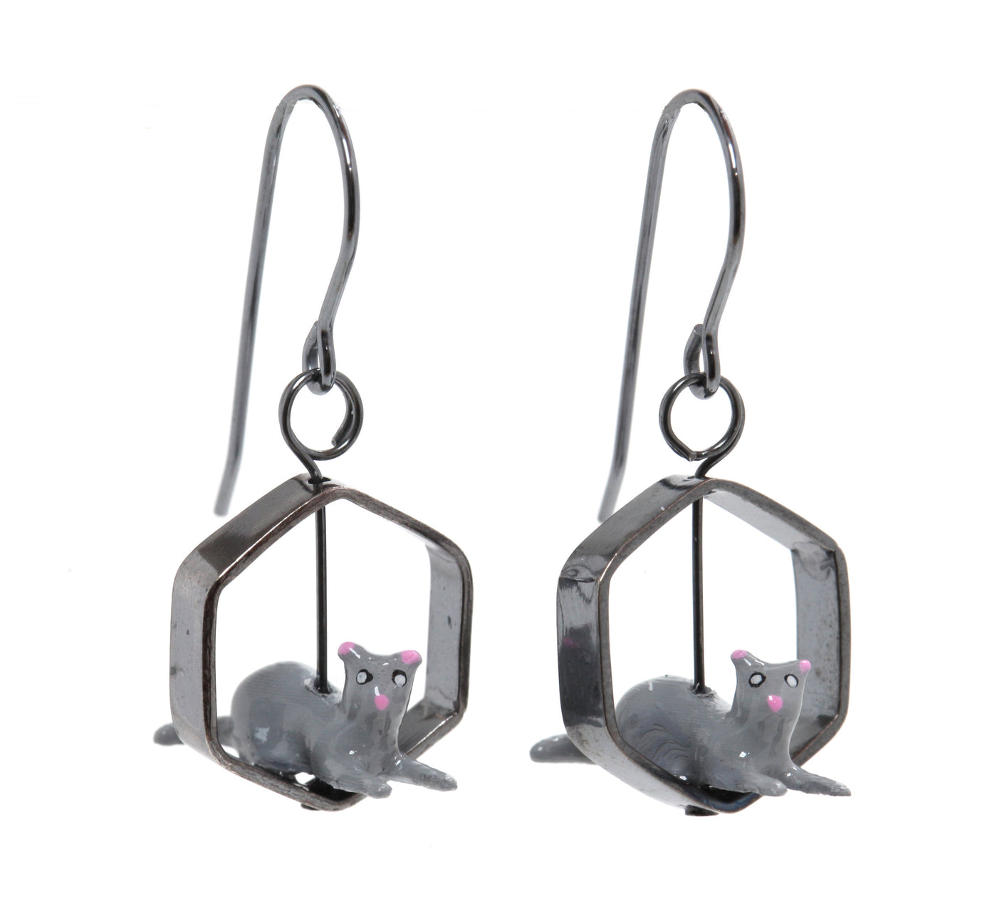 Small Gray Cat in Silver Hexagon Earrings by Kristin Lora