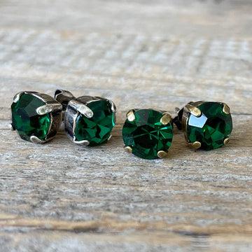 Emerald Green Vintage Rhinestone Post Earrings (Large)
