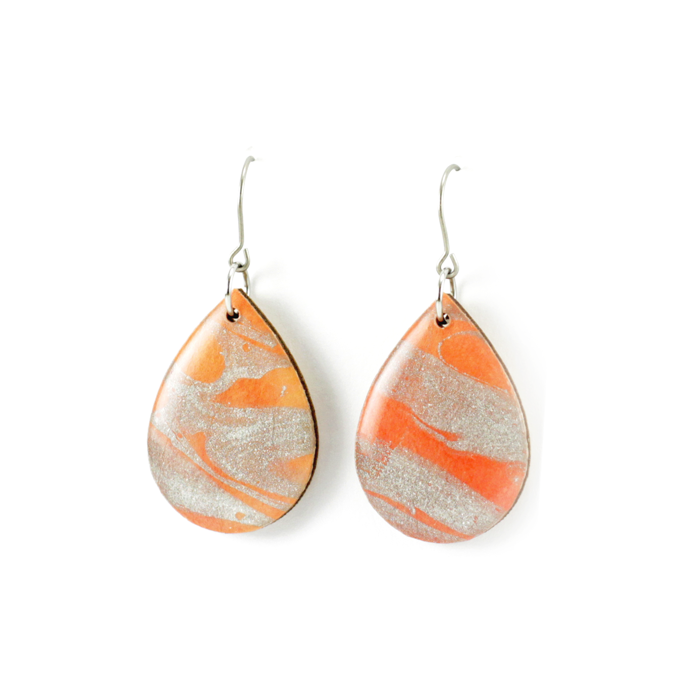 Coral Orange and Silver Marble Modern Titanium Dangles