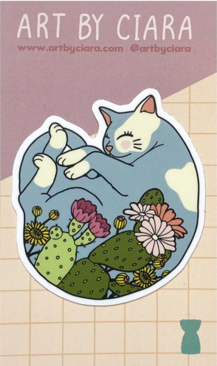 Succulent Sleepy Cat Sticker - Art by Ciara