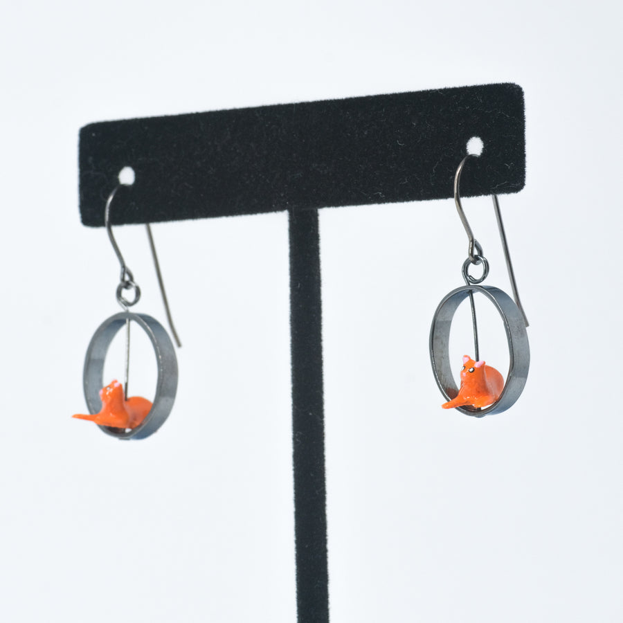 Small Orange Cat in Silver Oval Earrings by Kristin Lora
