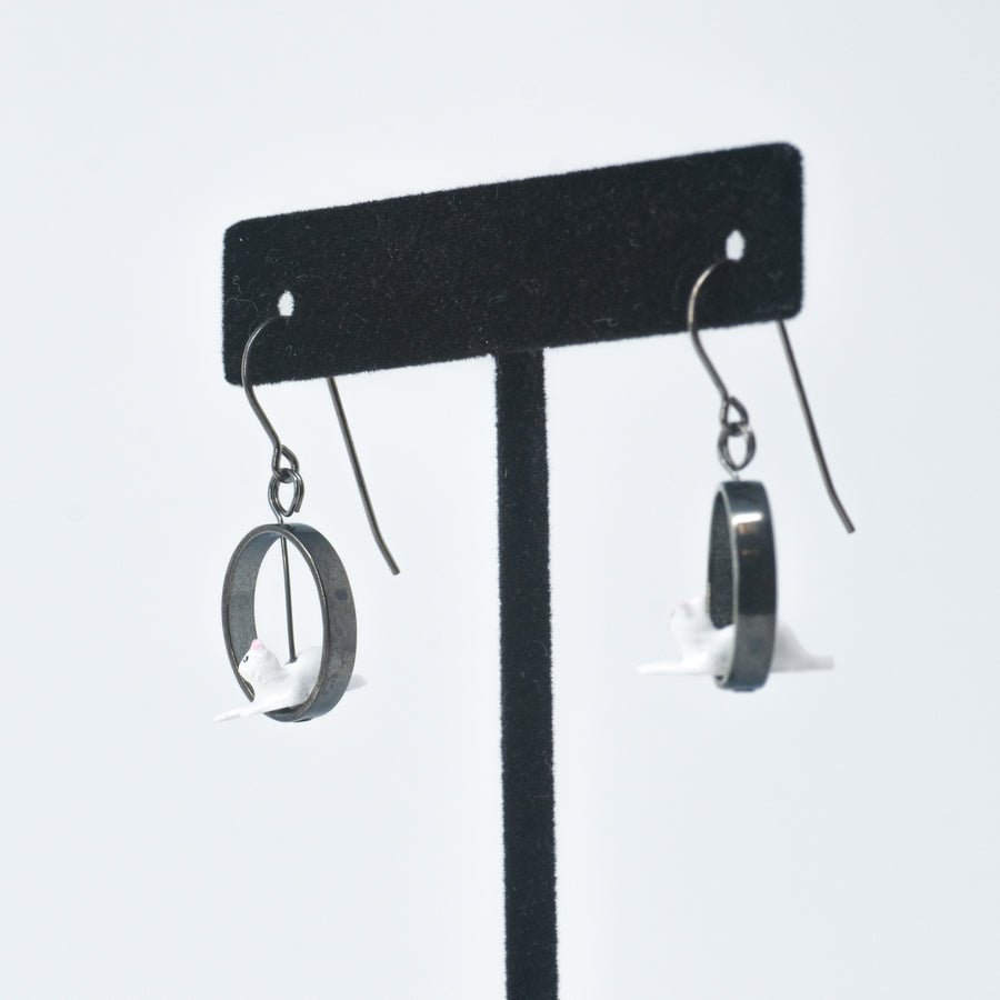 Small White Cat in Silver Oval Earrings by Kristin Lora