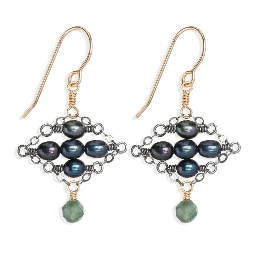 E297 Grey Freshwater Pearl and Emerald Textile Earrings