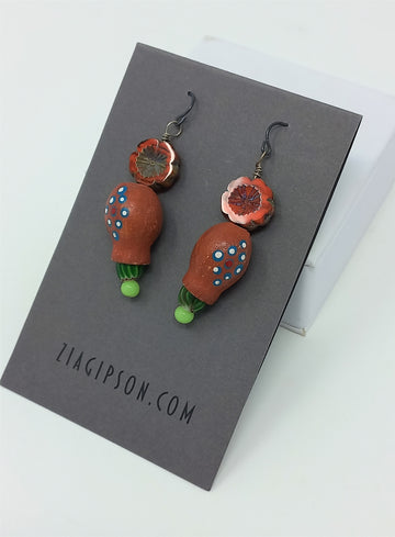 Orange flower polkadot vase Earrings by Zia Gipson