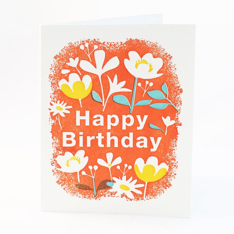 Happy Birthday Flowers on Orange by Ilee Papergoods Letterpress