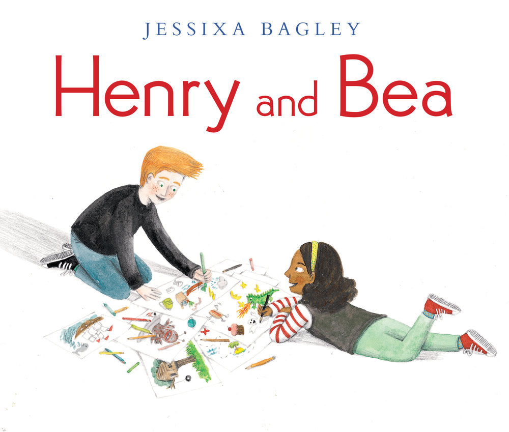 Cover of Henry and Bea by Jessixa Bagley. Henry, a boy with red hair, and Bea, a girl with dark skin and hair, are sitting on a white background and coloring pictures with crayons.