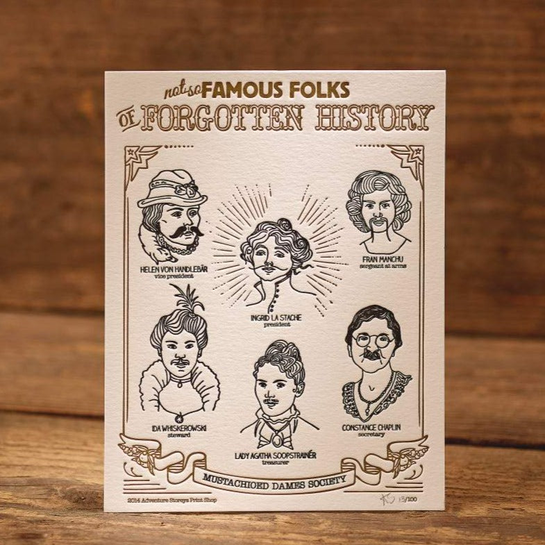 Mustachioed Dames Society Letterpress Print by Adventure Storeys’ Print Shop