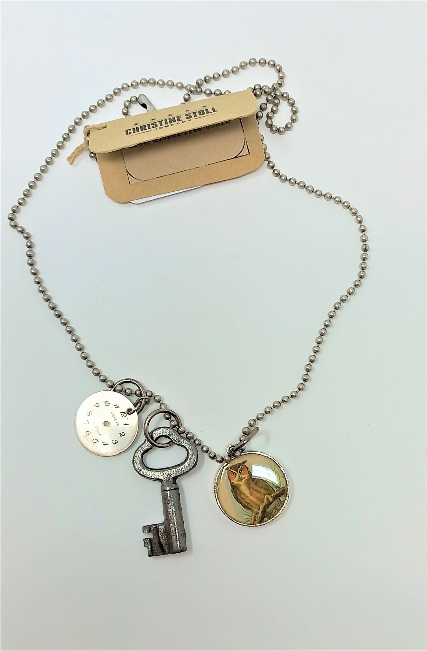Owl, Watch, and Key Assemblage Necklace (CSNA3) by Christine Stoll