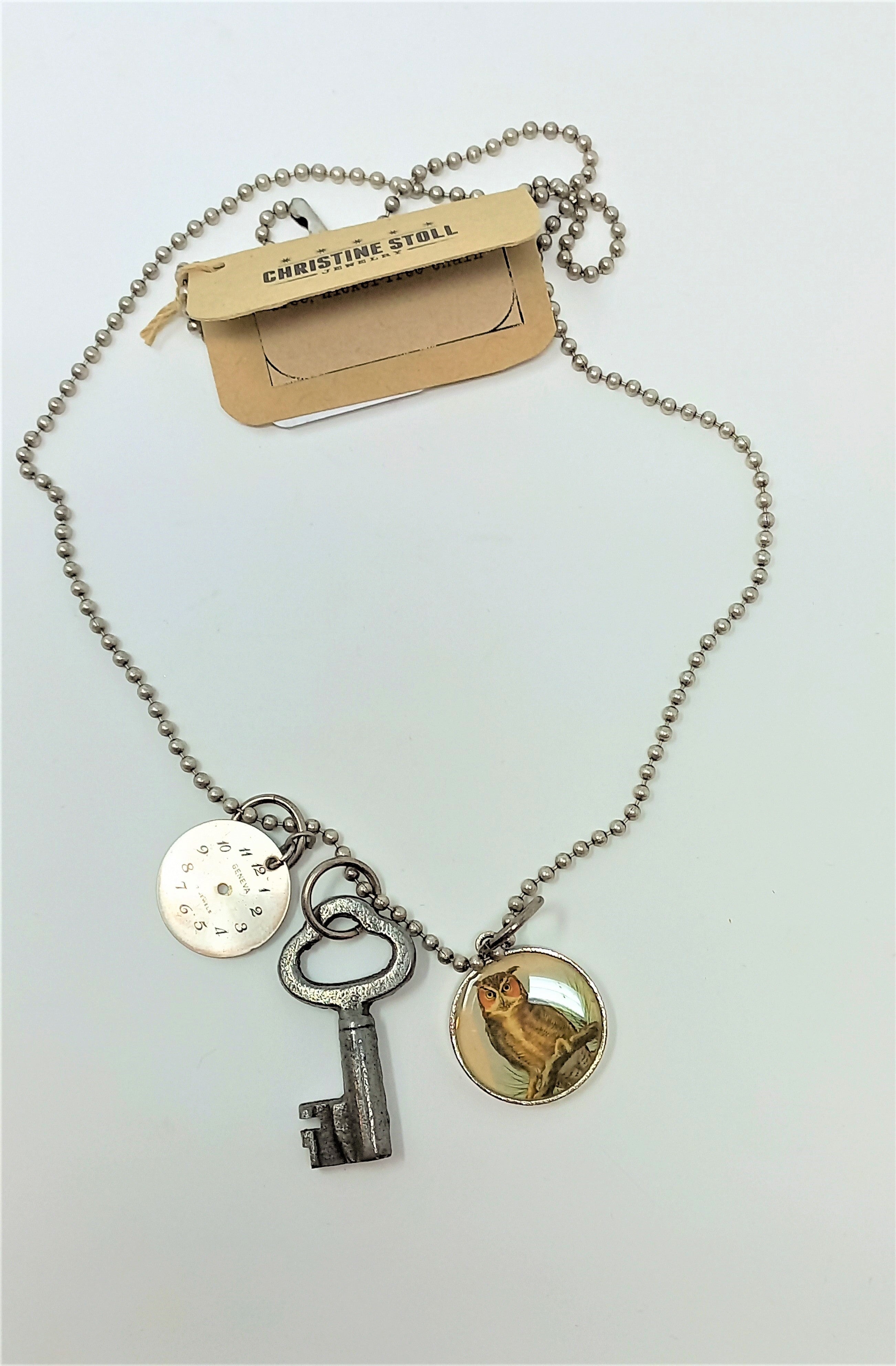 Owl, Watch, and Key Assemblage Necklace (CSNA3) by Christine Stoll
