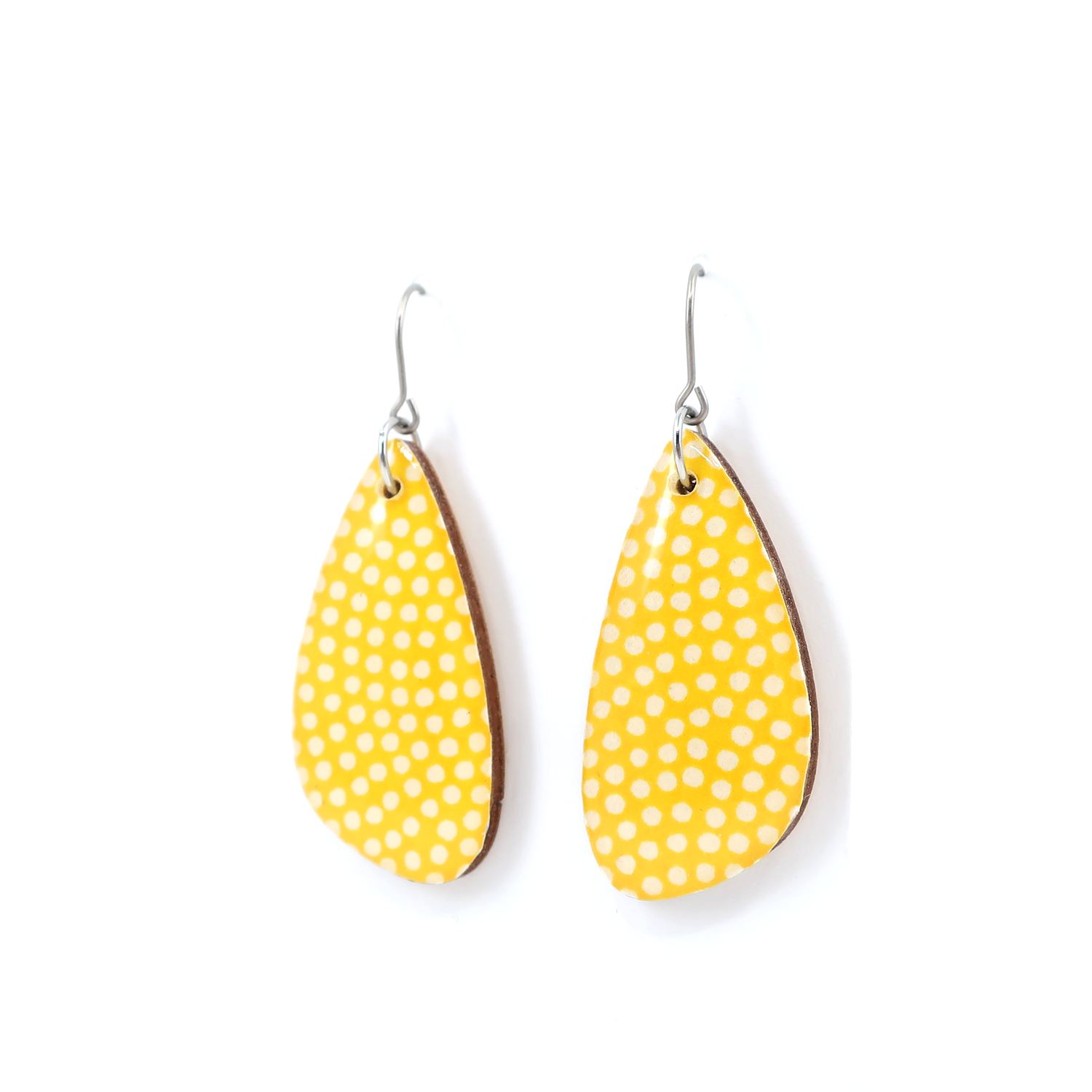 Polka Dot Japanese Chiyogami Wooden Earrings - Yellow