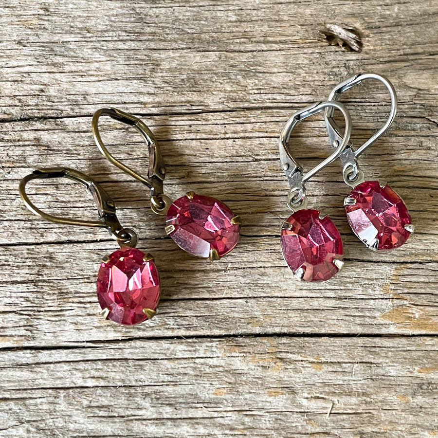 Dark Rose Pink Vintage Rhinestone Earrings