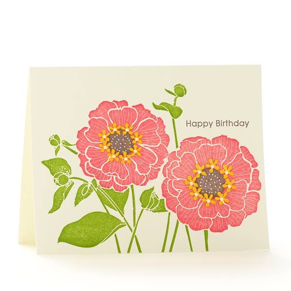 Pink Zinnias Happy Birthday Notecard by Ilee Papergoods Letterpress