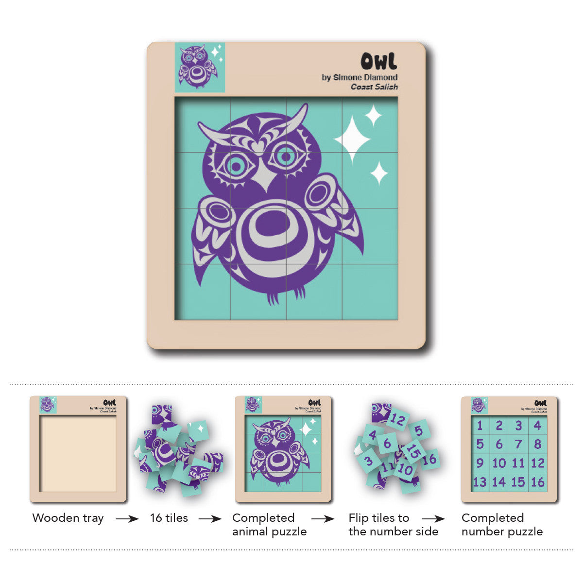 Double-Sided Wooden Tile Puzzle - Owl by Simone Diamond