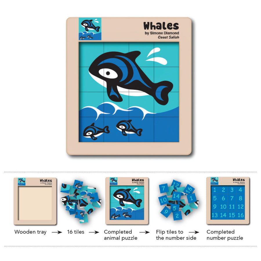 Double-Sided Wooden Tile Puzzle - Whales by Simone Diamond